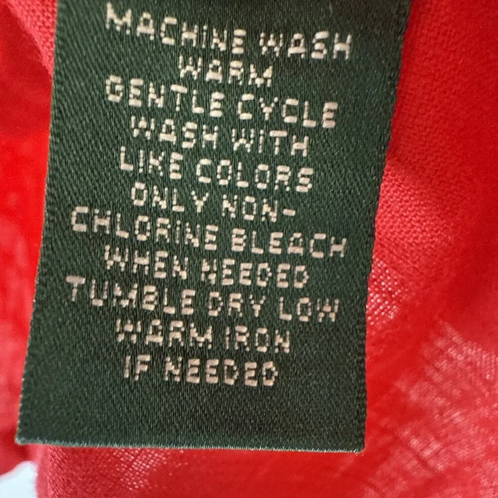 Lauren Ralph Lauren Women's Top Size L 100% Linen Solid Red Blue Anchor Roll Tab
